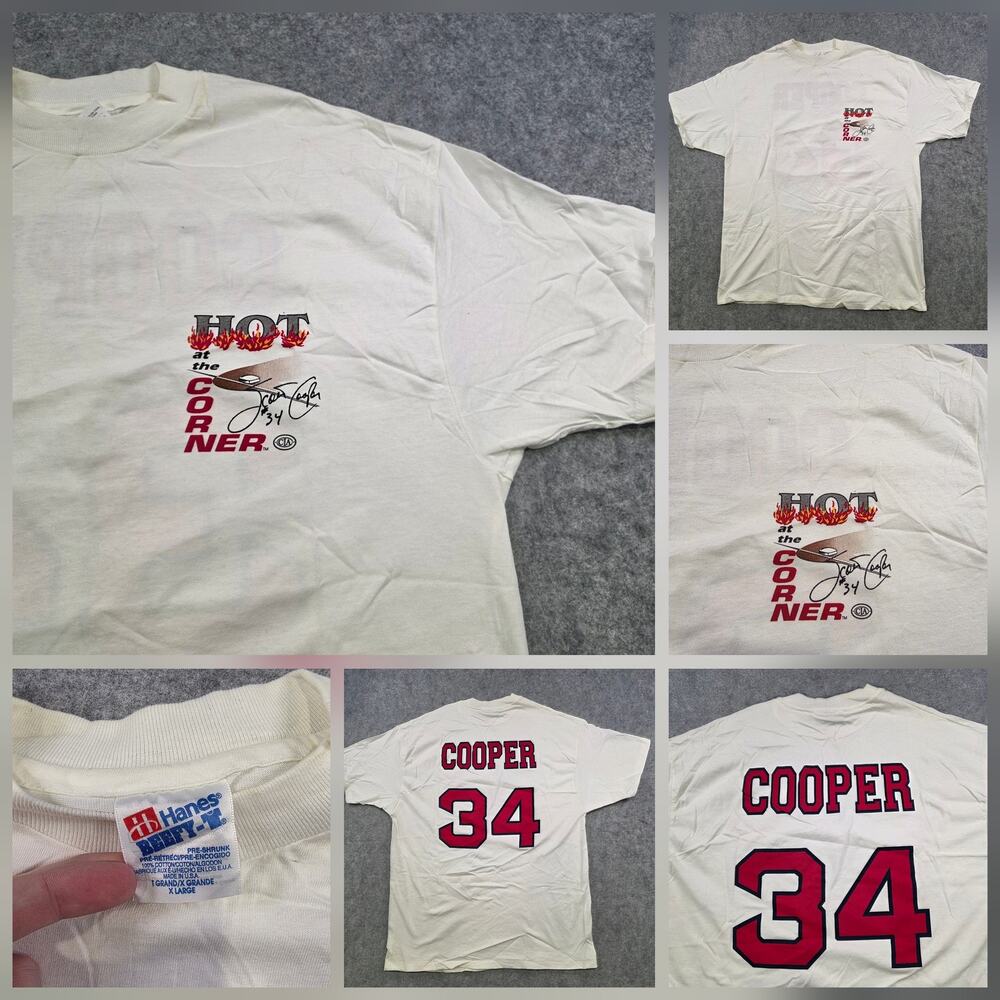 Vintage Hanes Beefy-T Cooper 34 T Shirt Mens XL White Baseball Hot At The Corner